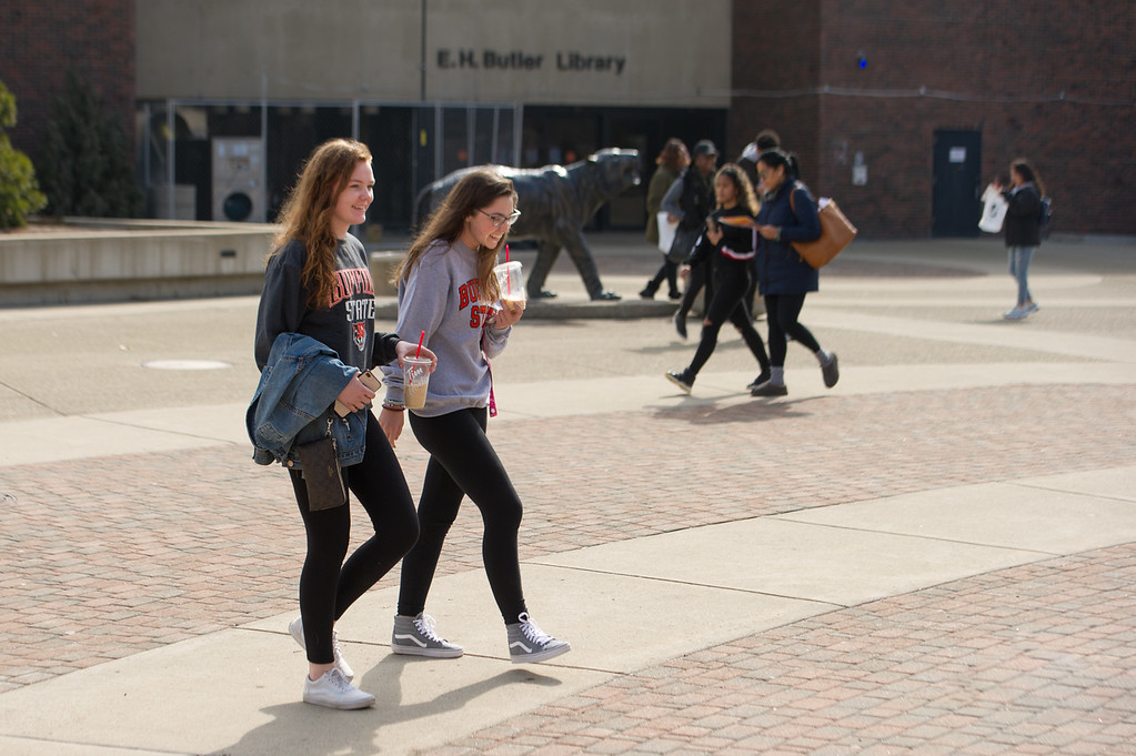 Students walking through Buffalo State plaza.